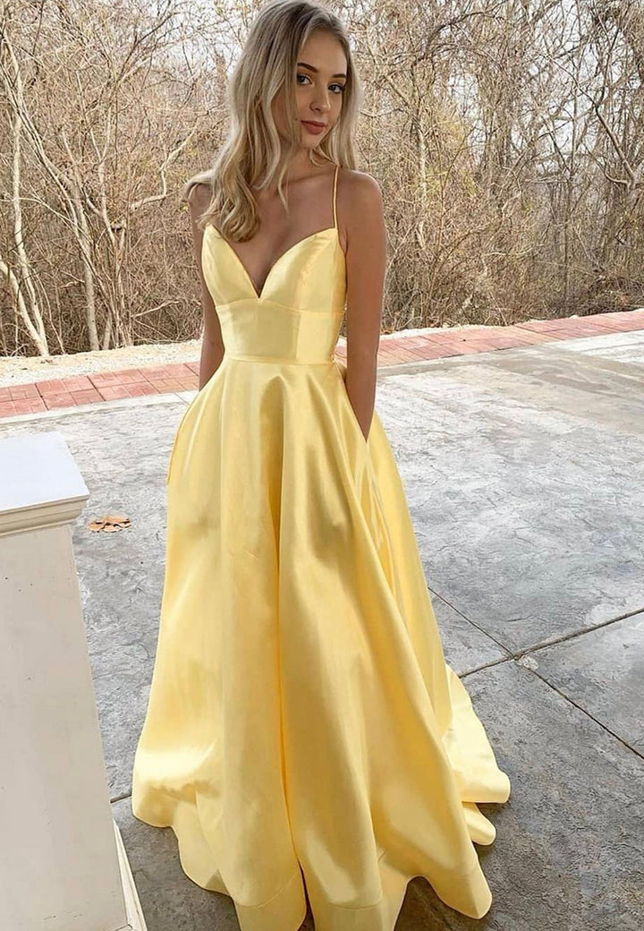Luolandi Yellow Satin Long Prom Dresses A-Line Backless Evening Dresses Sexy